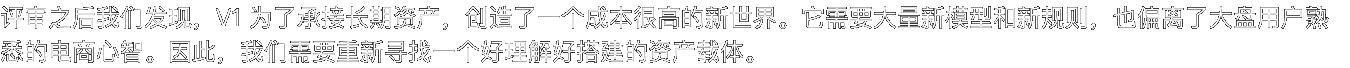 评审之后我们发现，V1 为了承接长期资产，创造了一个成本很高的新世界。它需要大量新模型和新规则，也偏离了大盘用户熟悉的电商心智。因此，我们需要重新寻找一个好理解好搭建的资产载体。